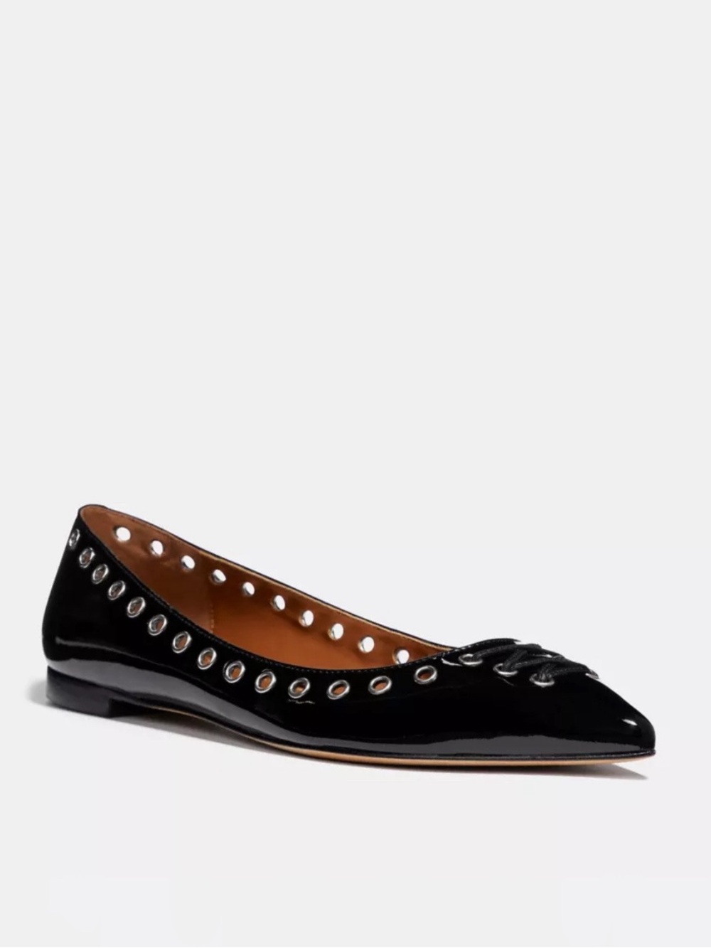 Coach Valerie Black Patent Leather Flats w/Silver Grommets, sz 8